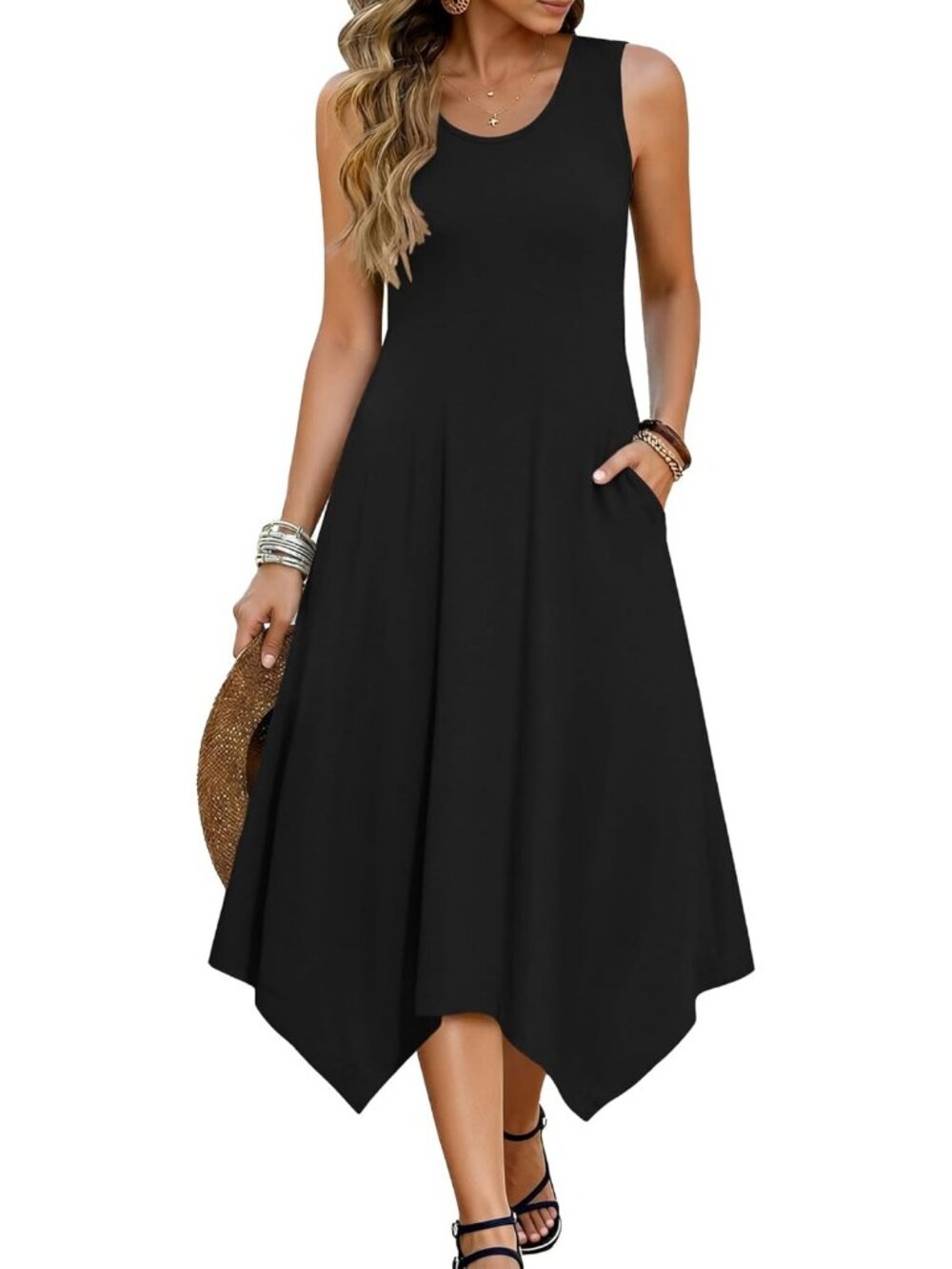 Hotouch Women's Floral Black Tank Sleeveless Sundress Hankerchief Beach Dress